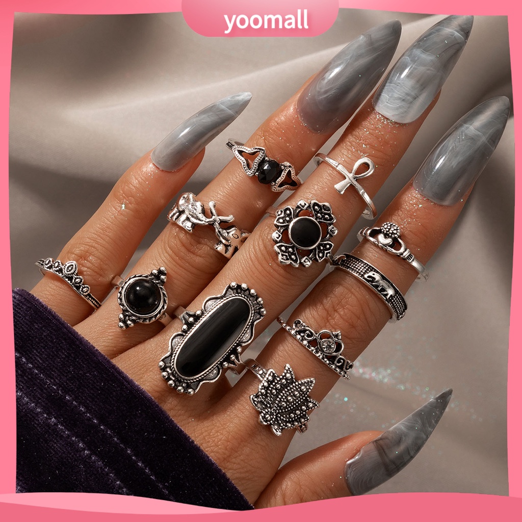 Set 11 Nhẫn Đeo Khớp Ngón Tay Màu Đen Phong Cách Bohemia