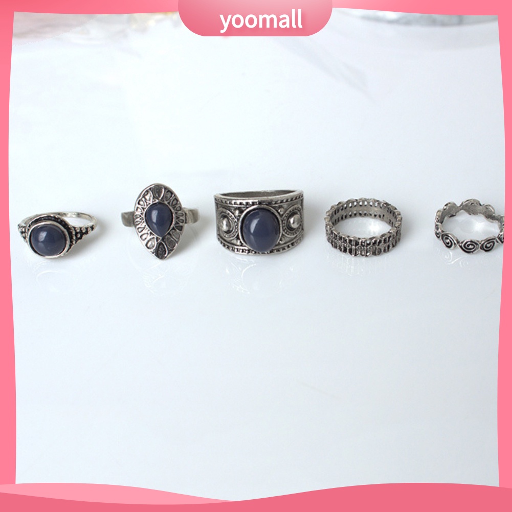 Bộ 5 Nhẫn Hợp Kim Đính Đá Xanh Phong Cách Bohemian Cổ Điển