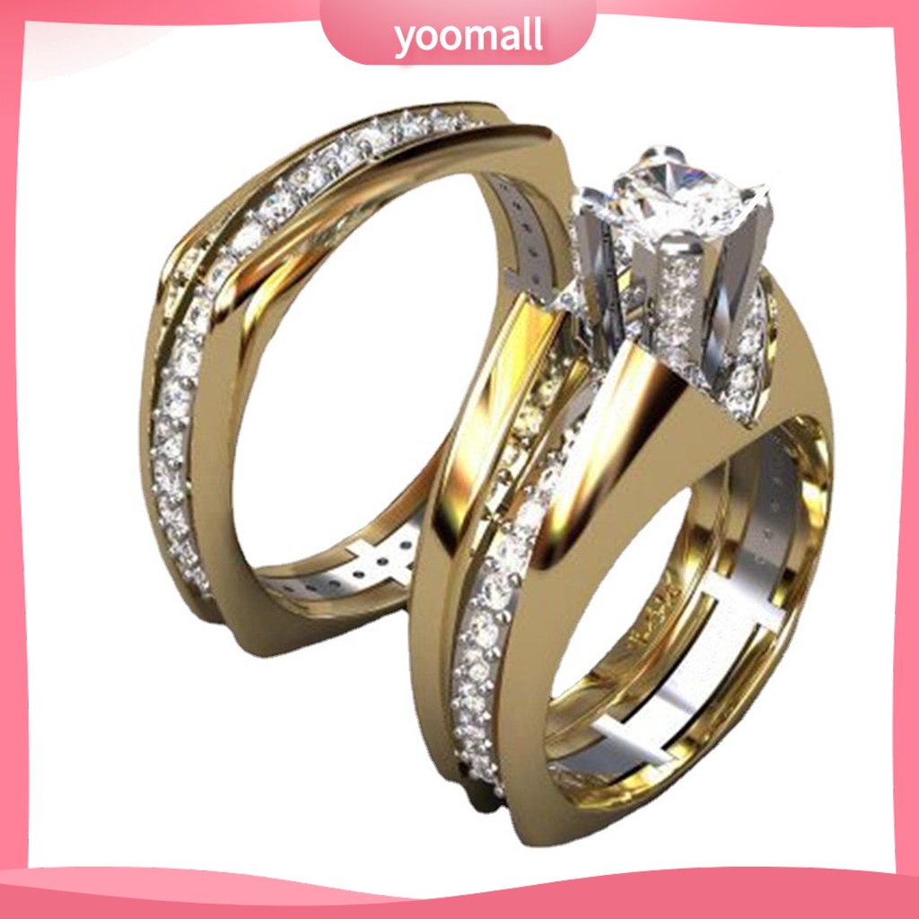 Set 2 Nhẫn Đính Hôn Đính Đá Zircon Hai Màu Sắc Lấp Lánh Dành Cho Nữ