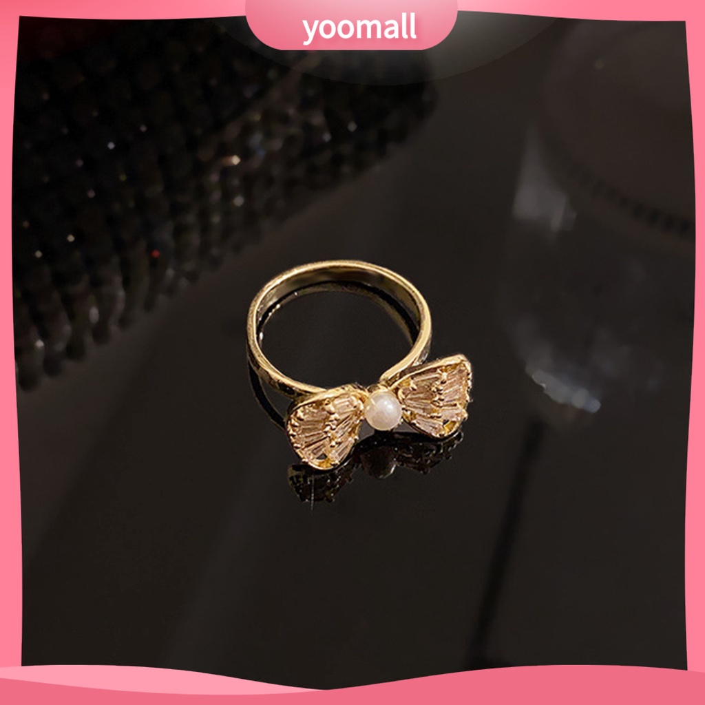 [YM] Nhẫn Đeo Ngón Trỏ Hình Nơ Rỗng Đính Đá Zircon Trọng Lượng Nhẹ Có Thể Điều Chỉnh Trang Sức Cho Nữ