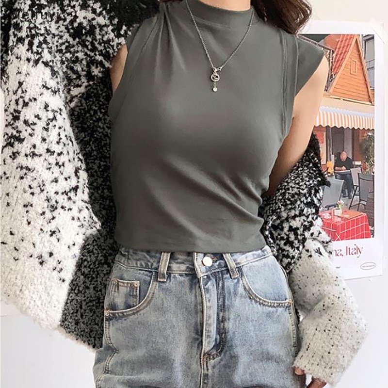 [Meifuyi] Women Camisole With Breast Pad Summer Solid Color Round Neck Sleeveless Slim Top COD