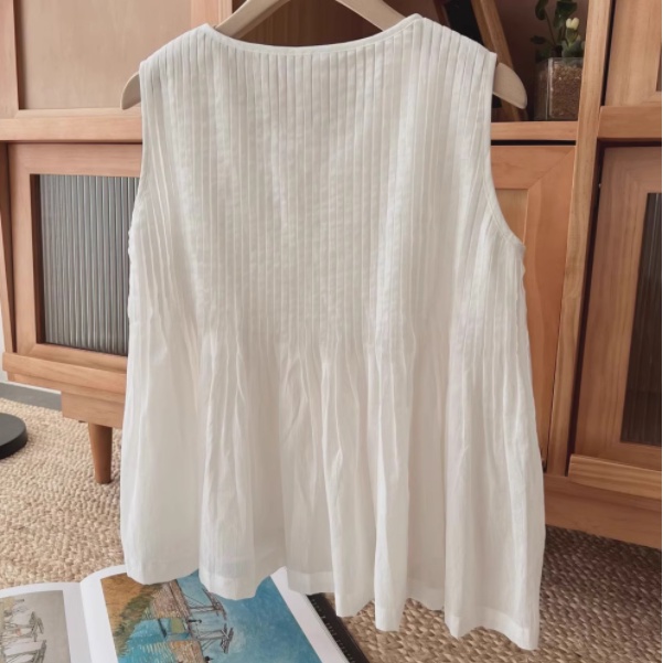 Áo Sơ Mi Cotton Lanh Không Tay Dáng Rộng Xếp Ly Thời Trang Mùa Hè Cho Nữ