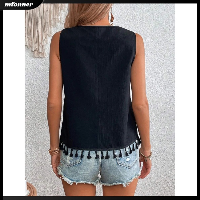 Áo Tank Top Sát Nách Cổ Chữ V Viền Tua Rua Thêu Họa Tiết Phong Cách Boho Quyến Rũ Cho Nữ
