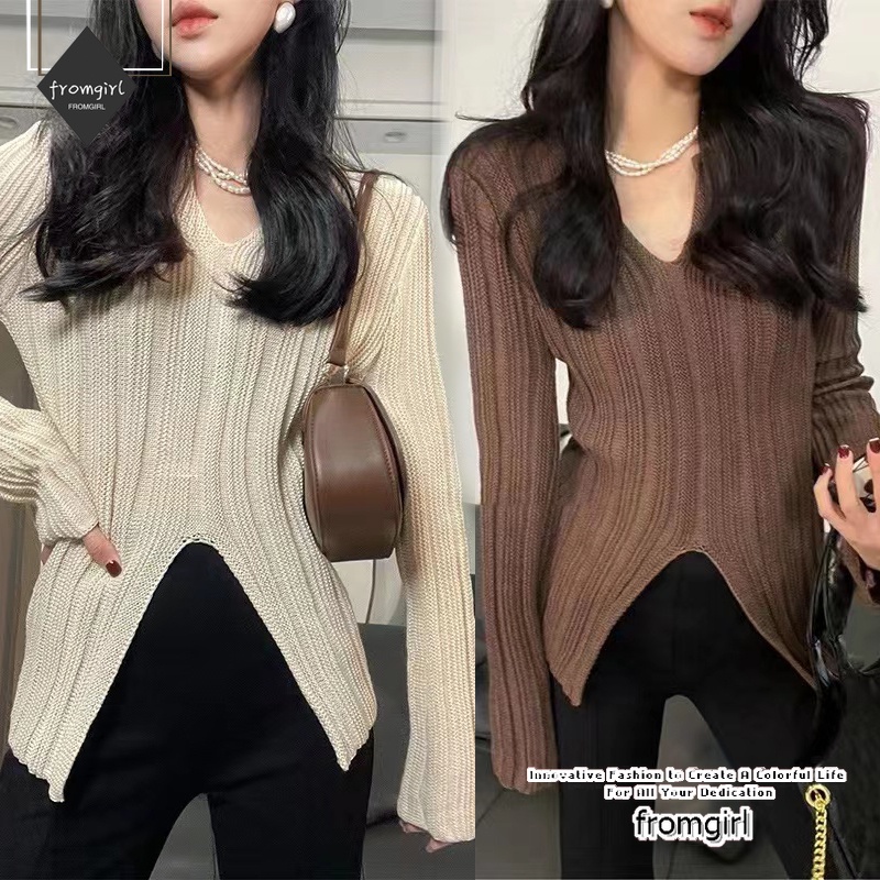 Áo Len Tay Dài Cổ Chữ V Xẻ Tà Thời Trang Mùa Thu Mới Cho Nữ