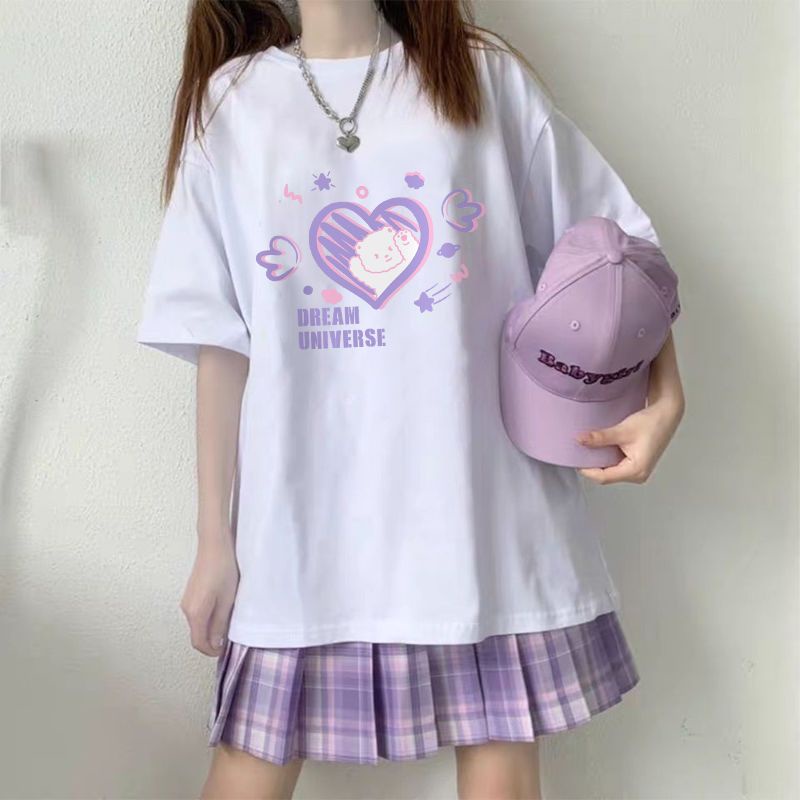 Áo Thun Tay Ngắn Dáng Rộng Màu Đen In Hình Trái Tim Thời Trang Mùa Hè Xinh Xắn Cho Nữ