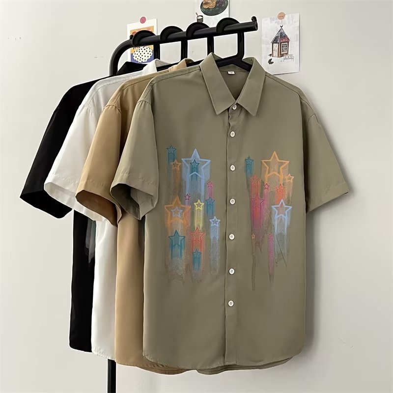 Áo Sơ Mi Ngắn Tay Cổ Đứng Họa Tiết Ngôi Sao Năm Cánh Phong Cách Đường Phố Mỹ Thời Trang Mùa Hè Cho Nam