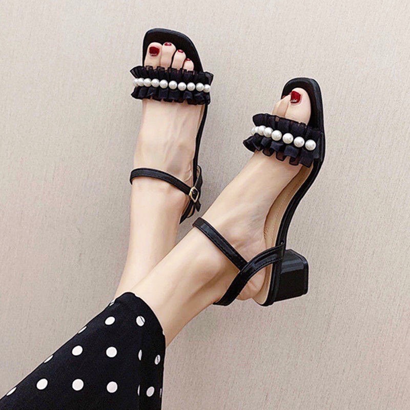 Cao gót nữ đế 4P sandal nữ đính ren ngọc tiểu thư sang chảnh