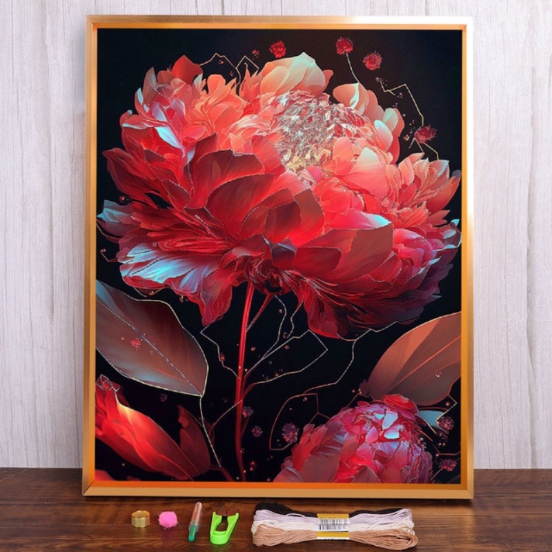 Bộ Dụng Cụ Thêu Tranh Chữ Thập Thủ Công 11CT Hình Hoa Mẫu Đơn