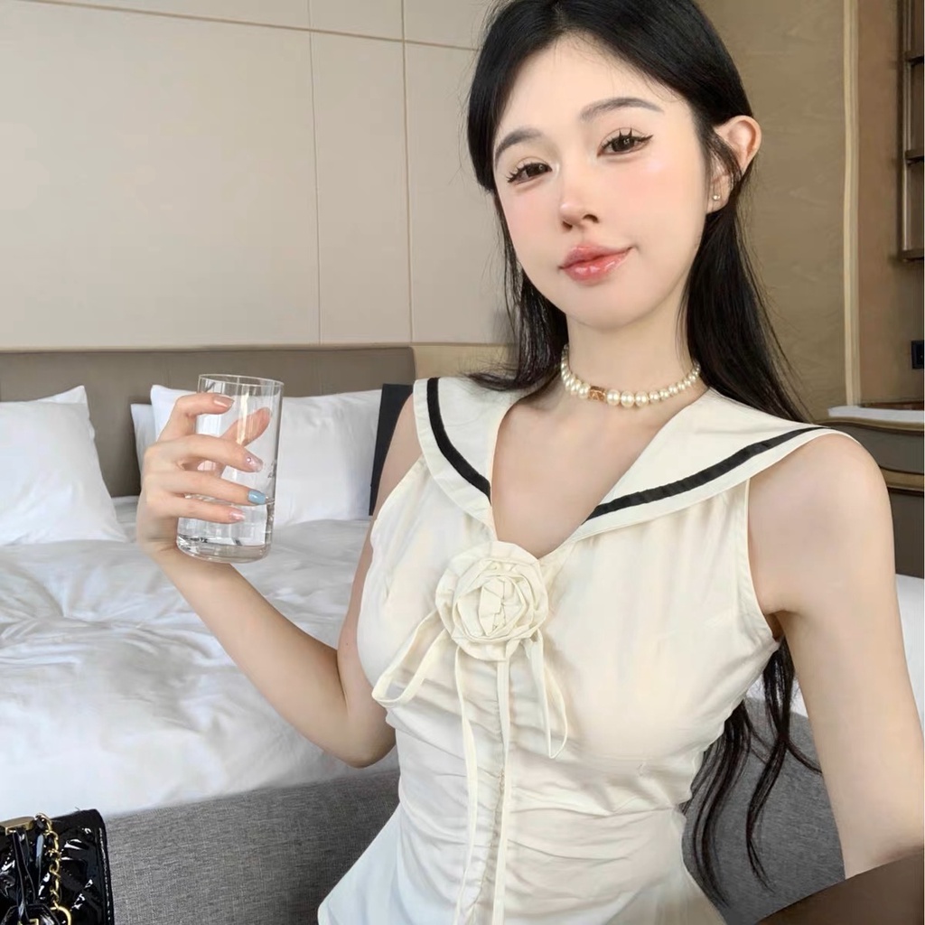Áo Sơ Mi Sát Nách Cổ Thuỷ Thủ Có Hoa Cài Xếp Ly Eo Cá Tính Năng Động Phong Cách Hàn Quốc {Ảnh Thật Ở Cuối}