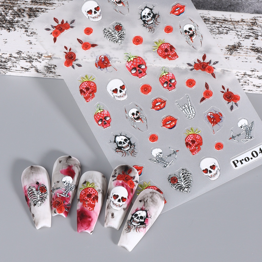 Halloween ma bí ngô nail sticker 5d nổi ngôi sao mạng nhện hộp sọ hoa hồng phim hoạt hình lễ hội mùa đông trang trí móng tay