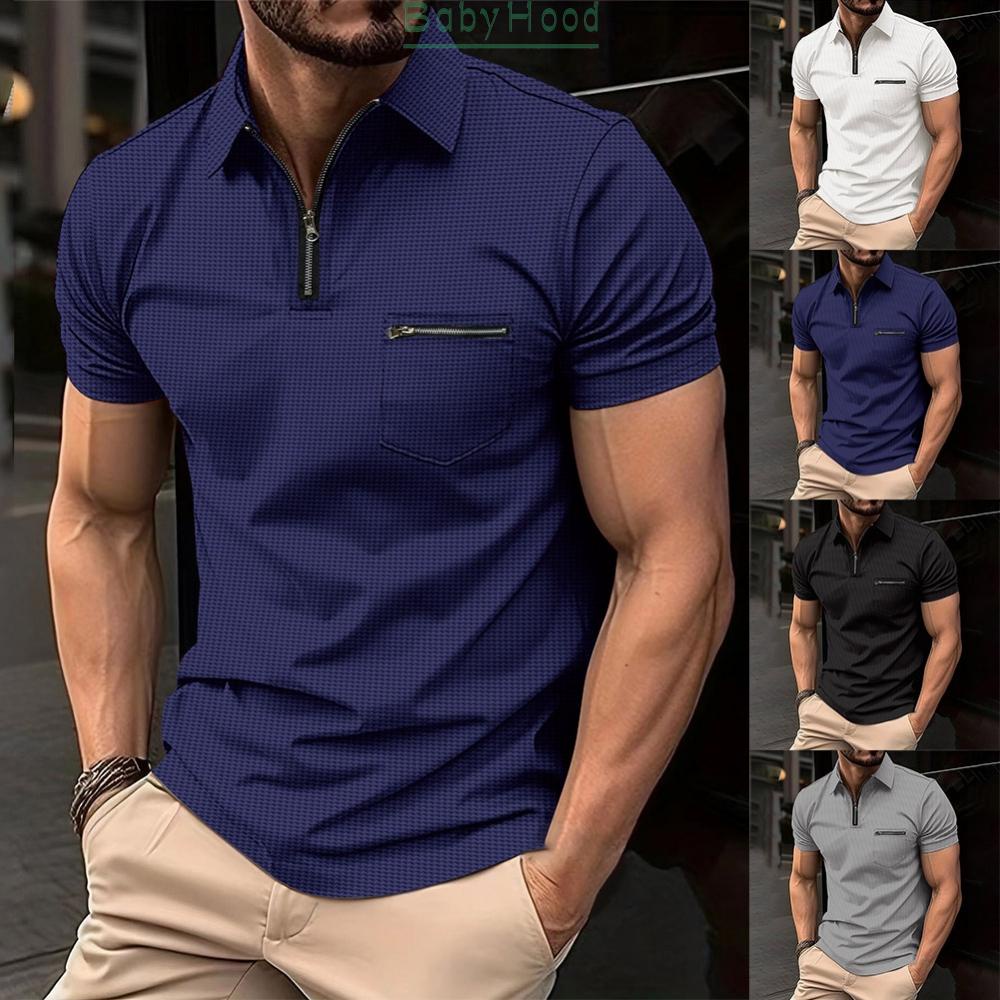 Mens Zip Neck Shirt Short Sleeve Regular Work Casual Slim Fit Tee Tops Formal#BBHOOD