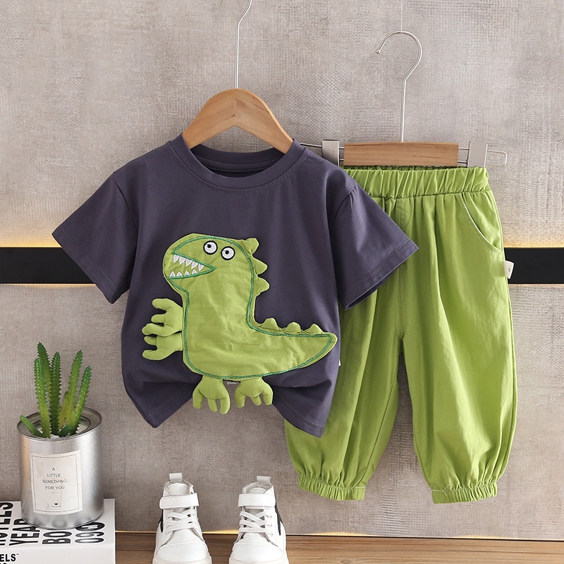 Set Đồ Mùa Hè 2 Món Gồm Áo Thun Tay Cộc Thêu Hình Khủng Long + Quần Ngắn Thời Trang Cho Bé Trai / Gái
