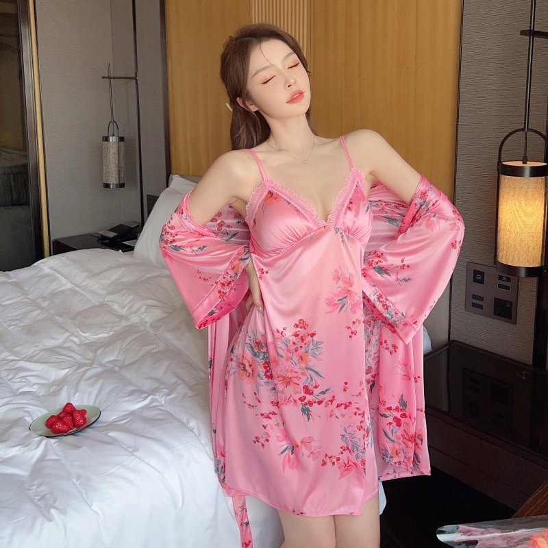 Bộ Đồ Ngủ 4 Món Bằng Lụa Mát Phối Ren Có Mút Đệm Ngực Thời Trang Mùa Hè Quyến Rũ Cho Nữ