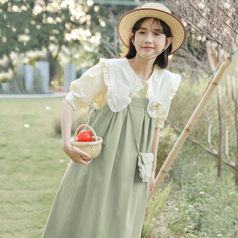 Bộ Áo Sơ Mi Cổ Peter Pan Dáng Rộng + Đầm Yếm Dáng Rộng Thời Trang Mùa Hè Xinh Xắn Cho Nữ