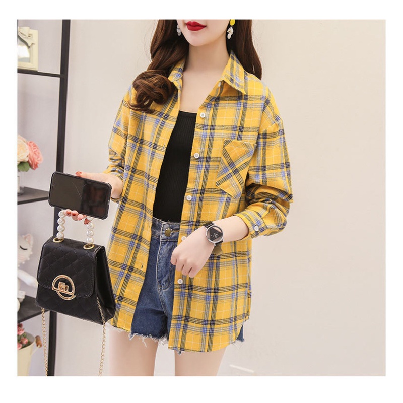 Áo Sơ Mi Cotton Tay Dài Kẻ Sọc Caro Phối Nút Thoải Mái Thời Trang Cho Nữ