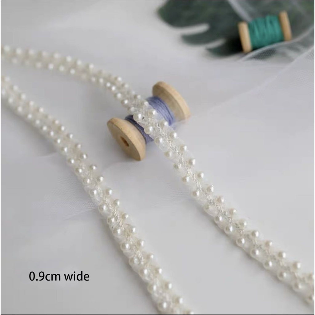 Cuộn Dây Ren Đính Ngọc Trai Trắng Dài 1 yard Dùng Trang Trí Thủ Công