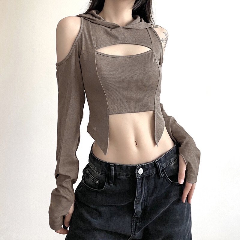 Kliou Áo Croptop Có Mũ Trùm Đầu Tay Dài Khoét Lỗ Kiểu Dáng Đơn Giản Thời Trang vintage Dành Cho Nữ