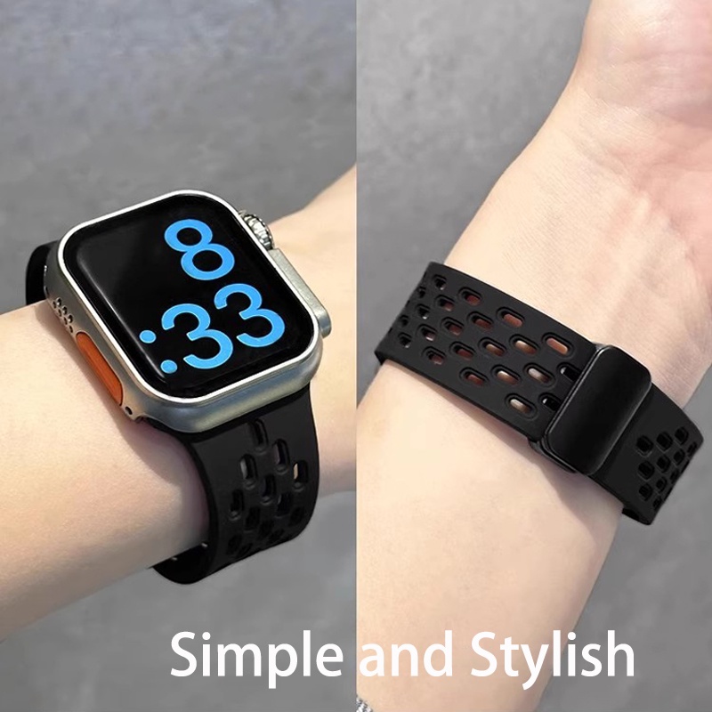 Dây đeo thông gió lỗ d khóa thể thao dây đeo từ tính dây đeo bằng silicon mềm cho Apple smartwatch series 8 6 se 6 4 4 4 45 49mm