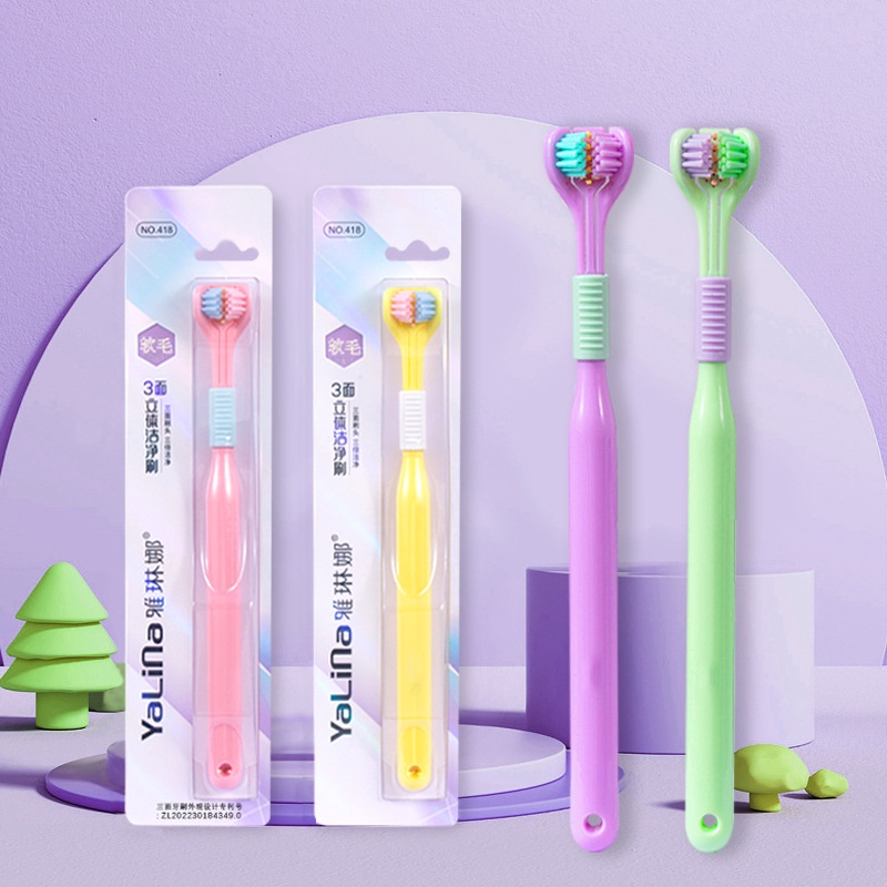 Bàn chải đánh răng lông mềm ba mặt dành cho người lớn/macaron Bàn chải đánh răng làm sạch ba đầu/Chăm sóc răng miệng người lớn JULYSTAR