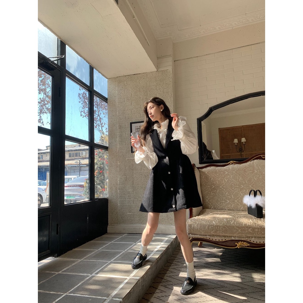 Set Áo Sơ Mi + Đầm Sát Nách Nhấn Eo Phong Cách Hàn Quốc