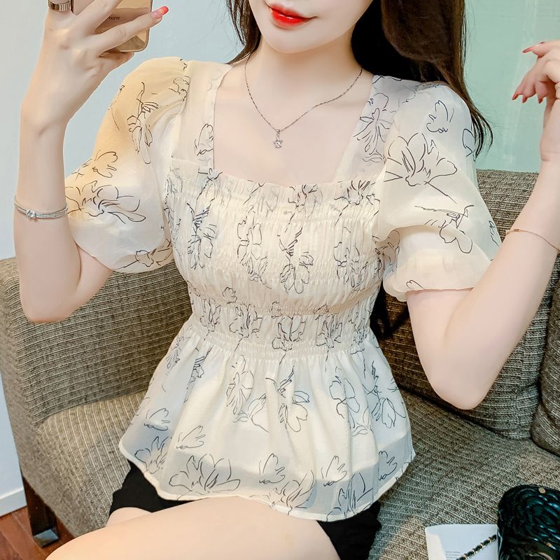 Áo sơ mi nữ hoa cổ vuông kiểu pháp mùa hè với tay áo bong bóng tay ngắn và thời trang eo thon