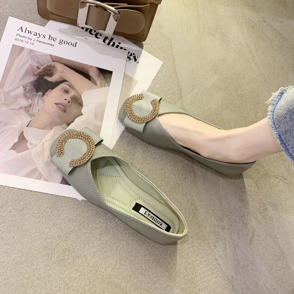 Giày Búp Bê Đế Mềm Mũi Vuông Đính Đá Thời Trang Mùa Xuân Cho Nữ