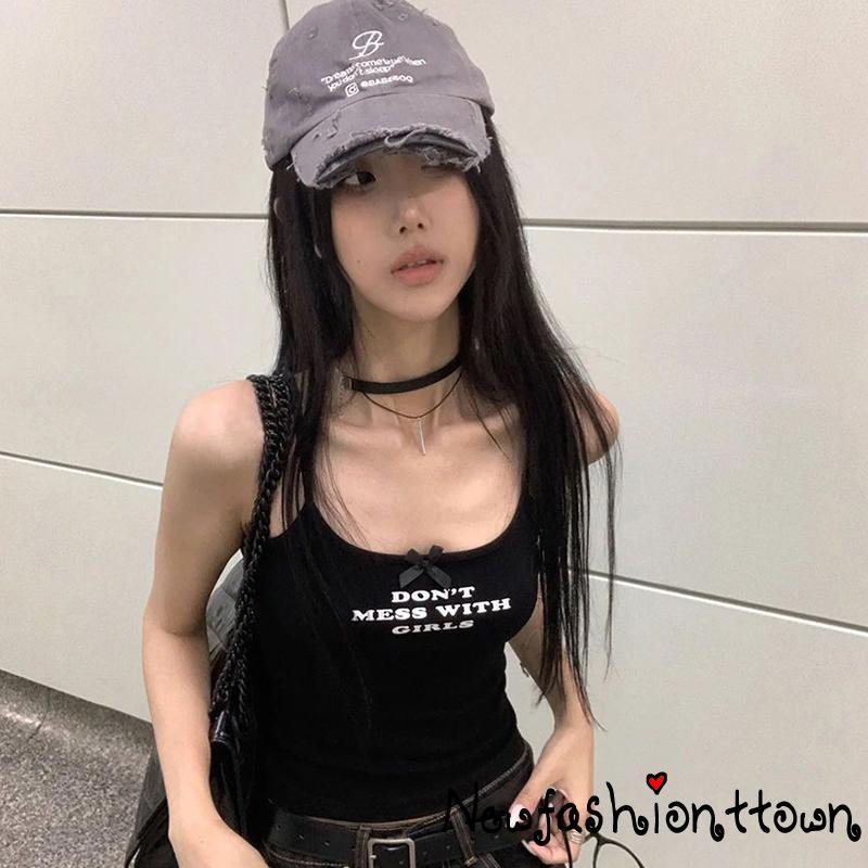 Áo Hai Dây In Chữ Đính Nơ Nhỏ Dễ Thương Thời Trang Mùa Hè Cho Nữ
