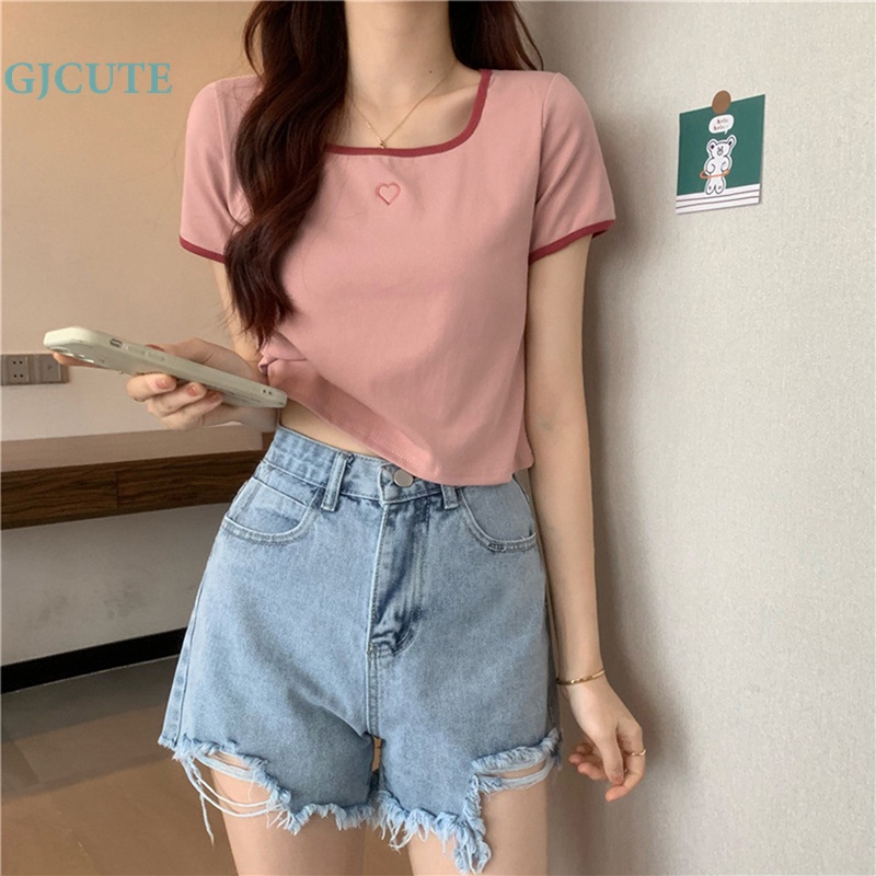 Áo thun croptop GJCUTE tay ngắn cổ vuông viền tương phản họa tiết trái tim thời trang hè cho nữ