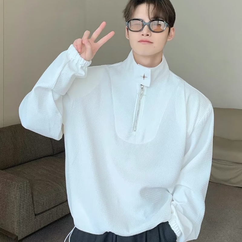 Thời trang dây kéo waffle polo áo sơ mi nam phong cách hàn quốc stand-up cổ áo nam t-shirt thiết kế cảm giác xu hướng lỏng lẻo hàng đầu thường dài tay áo sơ mi nam