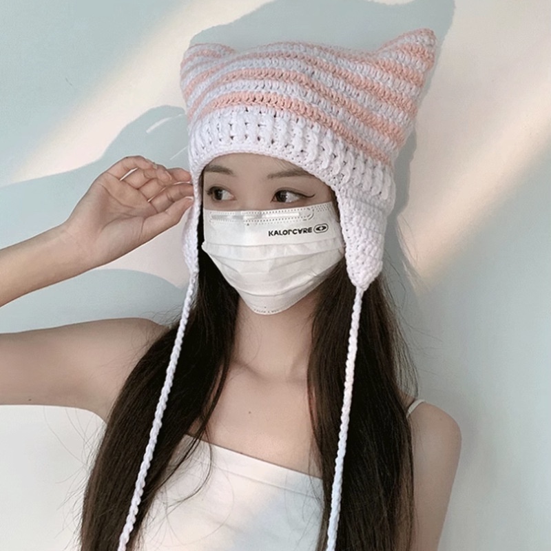 Ya Yabi Mũ Len Dệt Kim Chui Đầu Đính Quả Bông Tròn Kẻ Sọc Thủ Công Phong Cách Yabi Cho Nữ Linna