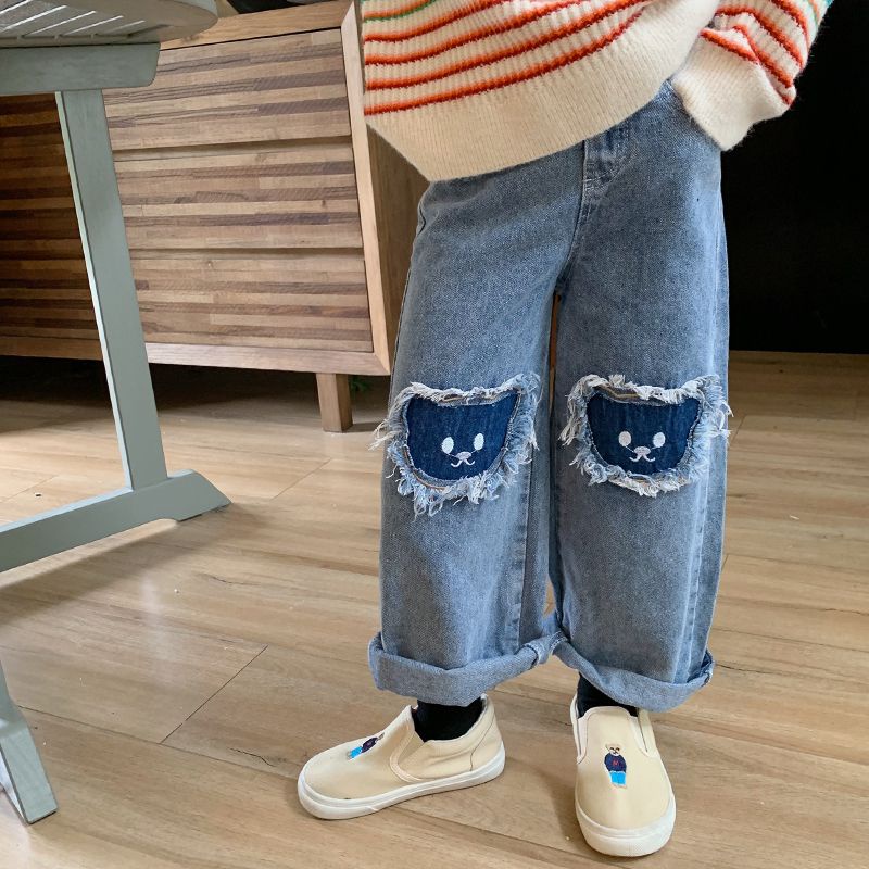 Quần jeans dài BEIBEIYIN vải denim ống rộng họa tiết hoạt hình dễ thương phong cách Hàn Quốc thời trang dành cho bé gái