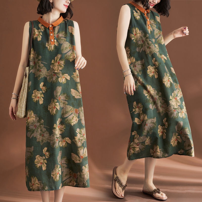 Ice cotton linen fat mm mùa hè retro ánh sáng sang trọng lá in áo vest không tay váy