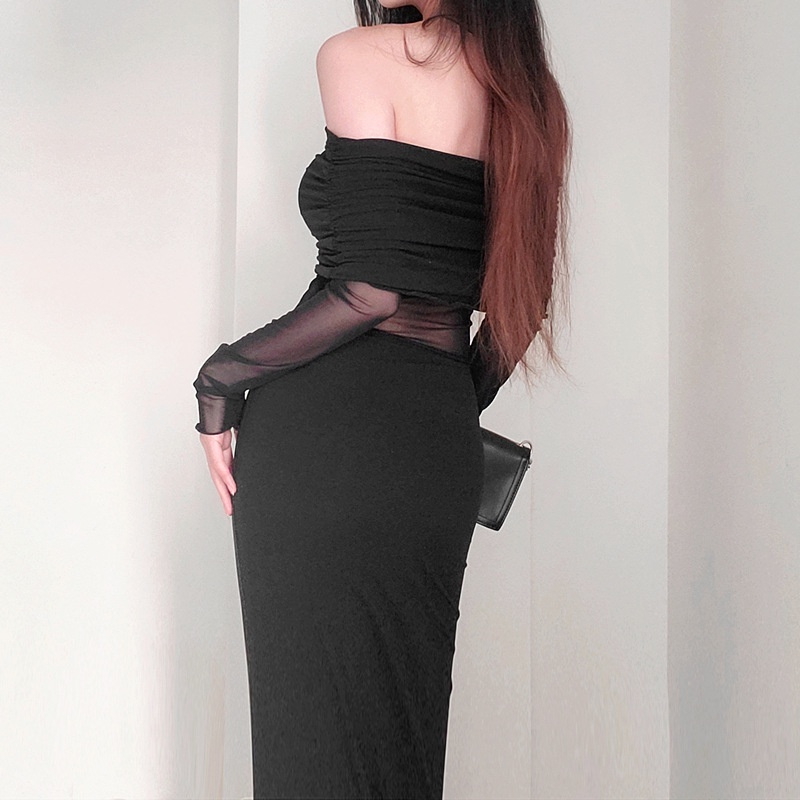 Phụ nữ sexy off shoulder mesh patchwork pleated sheath long dress