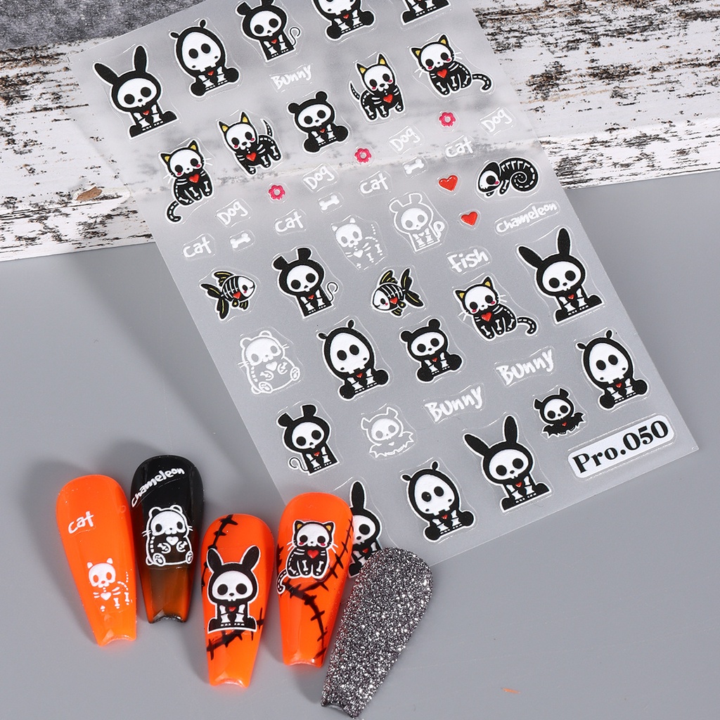 Halloween ma bí ngô nail sticker 5d nổi ngôi sao mạng nhện hộp sọ hoa hồng phim hoạt hình lễ hội mùa đông trang trí móng tay