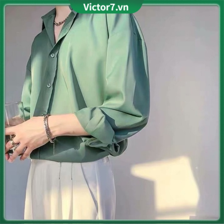 Áo sơ mi tay dài cổ vest tay lỡ kiểu dáng thanh lịch dáng rộng vải mịn chống nếp nhăn Simple Top Nam DàI Tay ThờI Trang Phong CáCh HàN QuốC