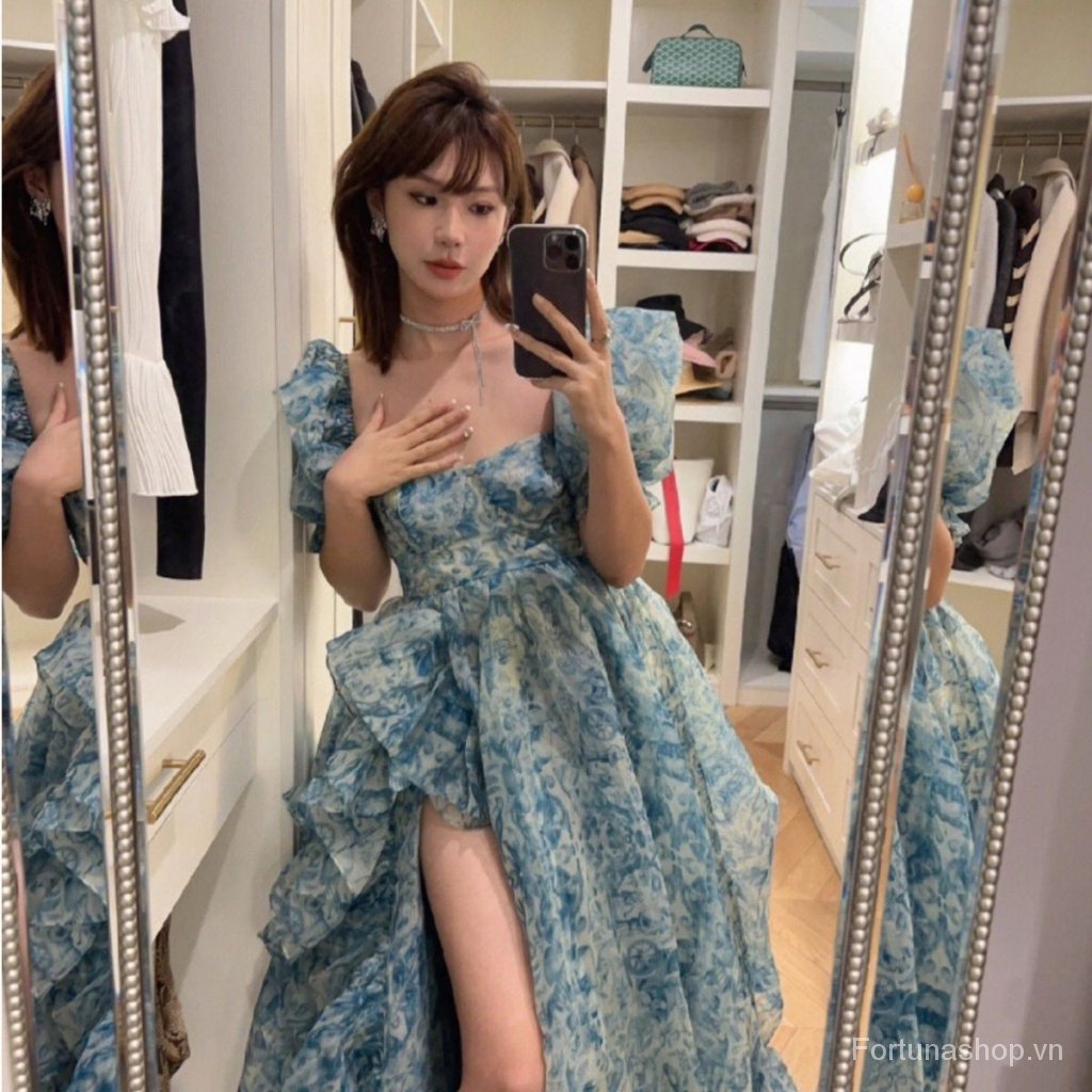 Sớm Mùa Xuân Phong Cách Mới Áo Tay Phồng In Họa Tiết Sứ Trắng Xanh Siêu Thơ Cao Cấp Dáng Hẹp Eo Pettiski