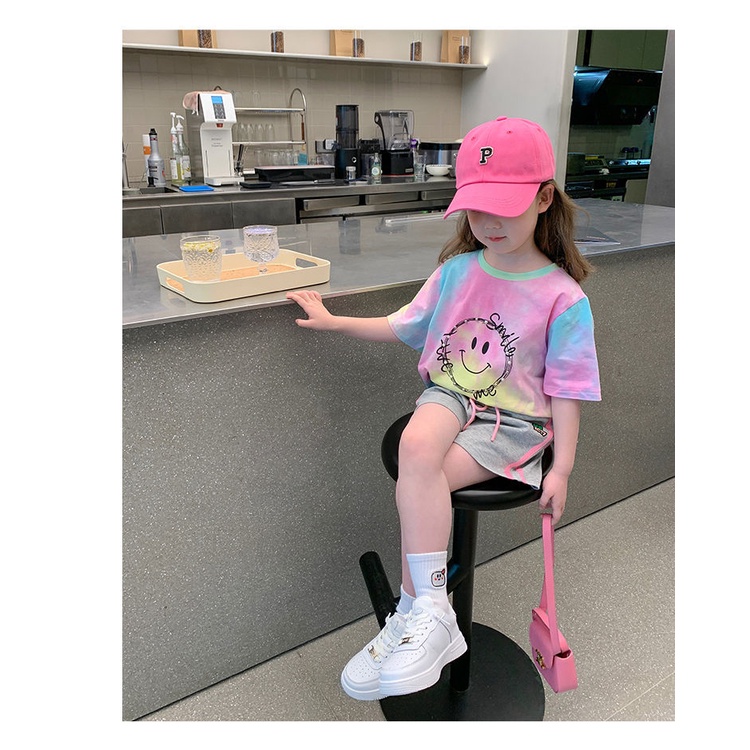 Áo Thun Màu Nhuộm In Hình Mặt Cười Phong Cách Hàn Quốc Thời Trang Mùa Hè Cho Bé Gái