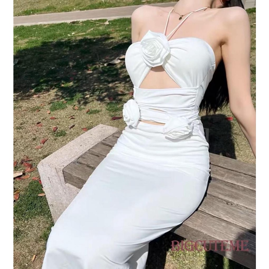 Đầm Hai Dây Màu Trơn Họa Tiết Hoa 3D Thời Trang Mùa Hè Cho Nữ