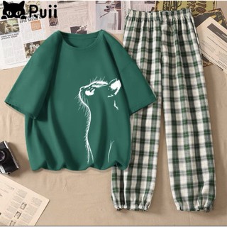 Sét áo phông Mèo trắng + quần karo màu, Áo thun from rộng, mặc cho Nam và nữ chất đẹp, Sét bộ mặc ở nhà - AD