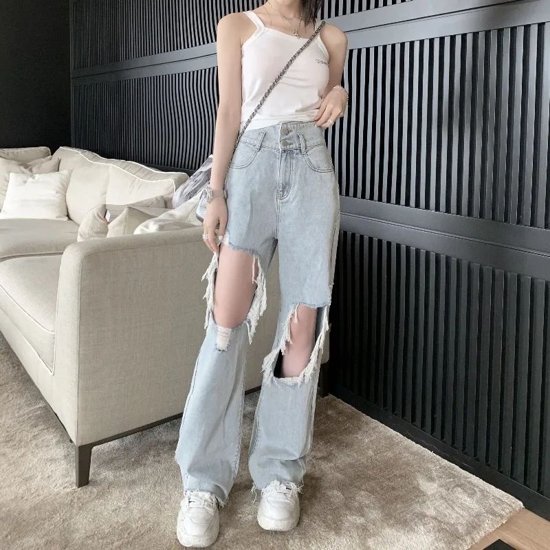 Quần Jean Dài Lưng Cao Dáng Rộng Thiết Kế Rách Thời Trang Mùa Hè Mới Cá Tính Cho Nữ