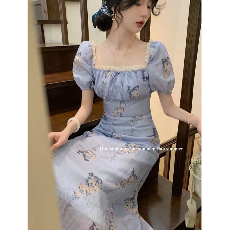 Đầm Hoa Tay Phồng Cổ Vuông Eo Cao Thời Trang Pháp Xinh Xắn Cho Nữ