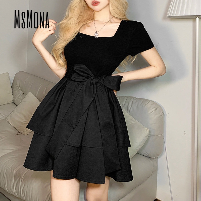 Đầm Tay Ngắn Cổ Vuông Phối Màu Tương Phản Thời Trang 2023 Cho Nữ