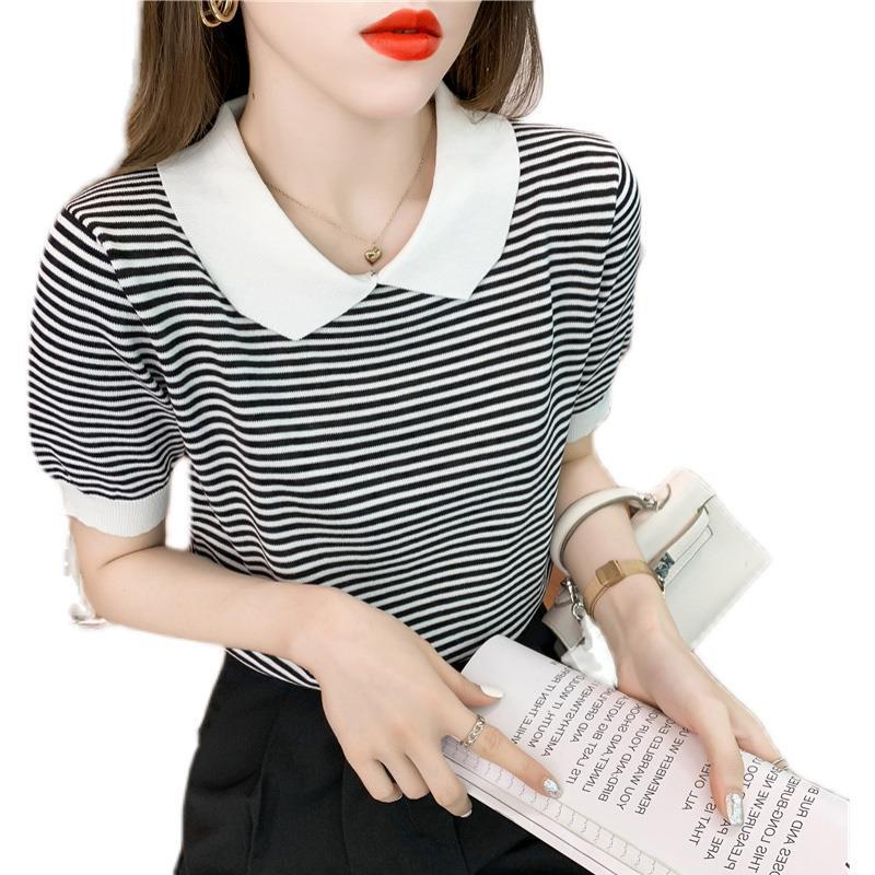 Áo Thun Tay Ngắn Cổ Búp Bê Họa Tiết Kẻ Sọc Thời Trang Mùa Hè Phong Cách Hàn Quốc Cho Nữ
