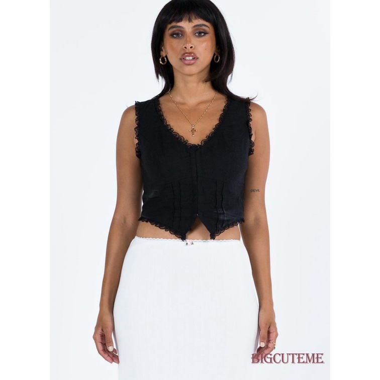 [] Áo Tank Top Không Tay Cổ Chữ V Viền Ren Không Đều Màu Trắng / Đen Cho Nữ