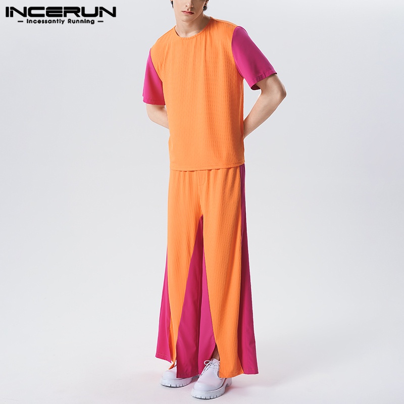 INCERUN Set Áo Tay Ngắn + Quần Ống Rộng Kiểu Dáng Đơn Giản Năng Động Thời Trang