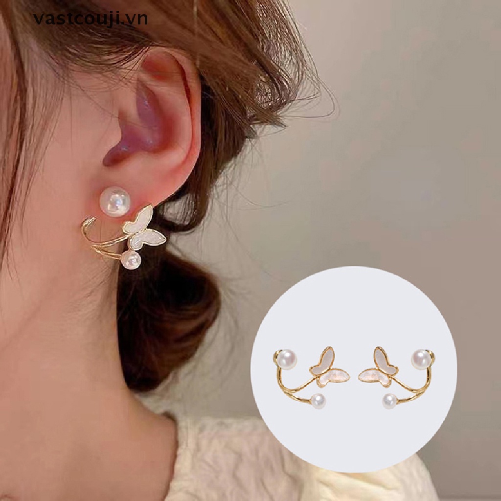 Khuyên Tai Hình Bướm Đính Ngọc Trai Nhân Tạo Thanh Lịch Cho Nữ