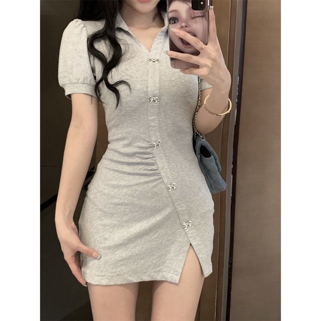 Đầm Ngắn Ôm Dáng Tay Phồng Cổ Polo Duyên Dáng Thời Trang Mùa Hè Hàn Quốc 2022 Dành Cho Nữ