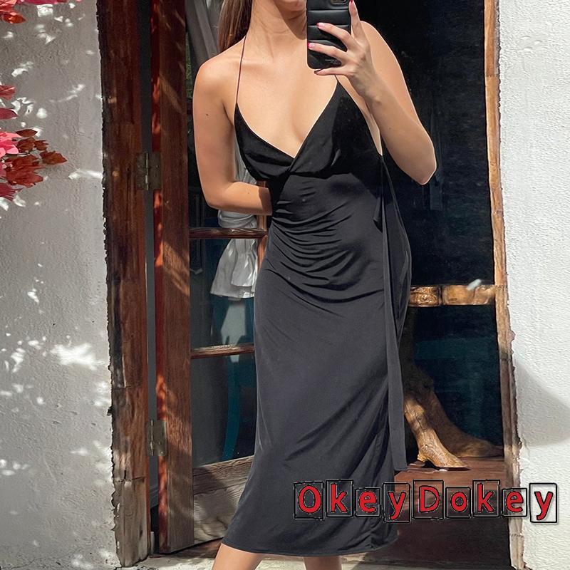 Đầm Đen Cổ Chữ V Hở Lưng Buộc Dây Gợi Cảm Phong Cách Vintage Cho Nữ