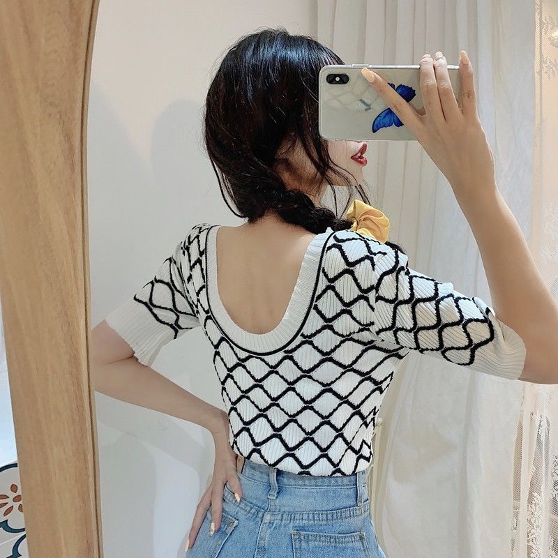 Áo Thun Dệt Kim Hở Lưng Phối Lưới Thời Trang Pháp 2023 Gợi Cảm Cho Nữ