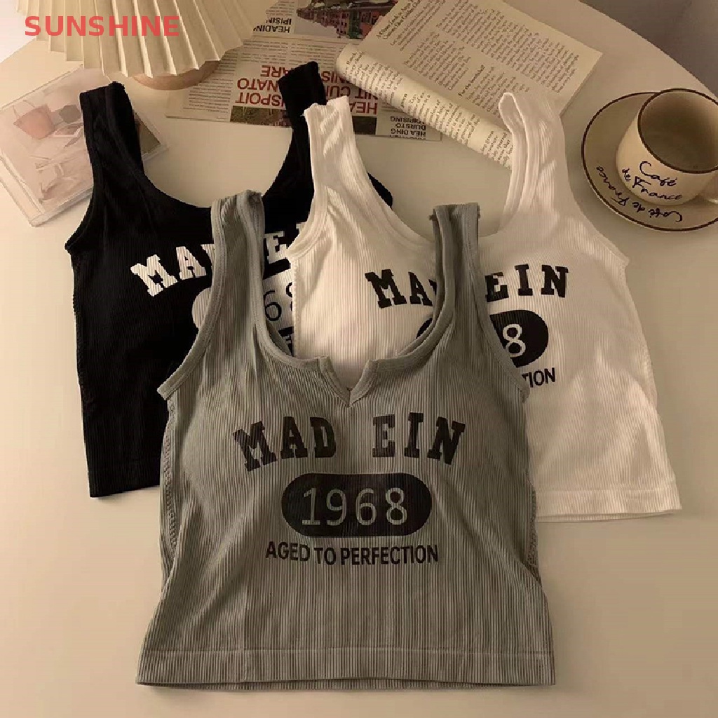 Áo Crop Top Không Tay Không Đường May Có Đệm Ngực In Chữ Cổ Điển Mùa Hè Cho Nữ UOM